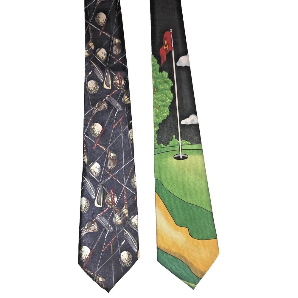 2X A ROGERS Mens The 4th Hole Golf Clubs Balls Polyester Sports Necktie Novelty